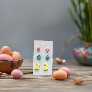 Kids Easter Themed Earrings Set - Pink, Yellow, and Blue